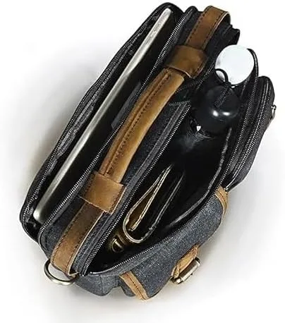 Miniatura 6 de Bolsa de mensajero de lona y cuero impermeable Bolso de hombro de cuero genuino con diseño de múltiples bolsillos regalos para hombres