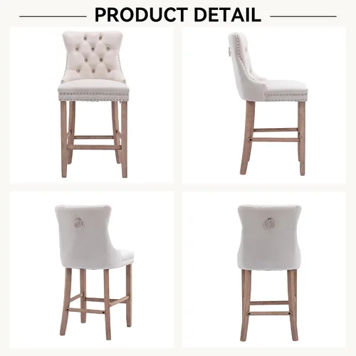 Miniatura 6 de Juego de 2 Sillas de Comedor, Modernos Taburetes de Bar Tapizados de Terciopelo con Decoración de Botones Capitoné y Patas de Madera, Ribete