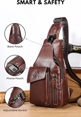 Miniatura 4 de Bolso bandolera pequeño de cuero para mujeres y hombres, bolsa cruzada, bolsa de pecho, mochila de viaje de hombro, resistente al agua, Caoba