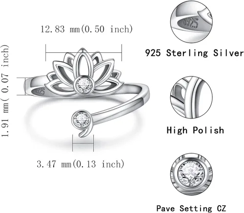 Miniatura 6 de MANBU Anillo de plata de ley con forma de loto y semicócolo Anillo ajustable con diseño de flor de loto, regalo inspirador para mujeres