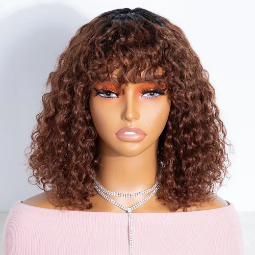 Miniatura 11 de JOEDIR HAIR Peluca corta y rizada con flequillo, peluca de cabello humano virgen brasileño de 12 pulgadas para mujeres negras, peluca Jerry Curl