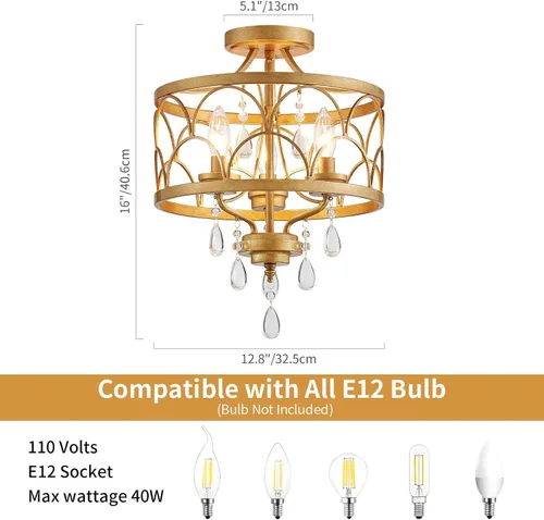 Miniatura 4 de Lámpara de techo de cristal, moderna lámpara de araña pequeña, lámpara de techo semiempotrada dorada de granja, accesorios de iluminación de pasillo