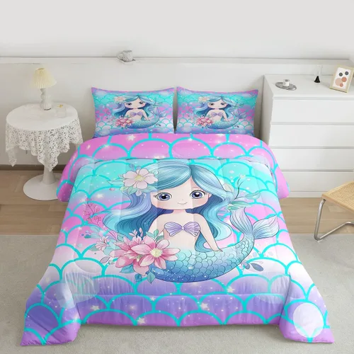 Miniatura 3 de Erosebridal Juego de edredón de sirena para niños, tamaño matrimonial, para niñas, ropa de cama de sirena brillante azul y rosa, juego de ropa