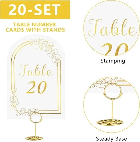 Miniatura 2 de JOYIT 21 juegos de tarjetas de mesa de boda del 1 al 20 y de la mesa principal con 21 soportes de números de mesas, tarjetas de números de oro negro