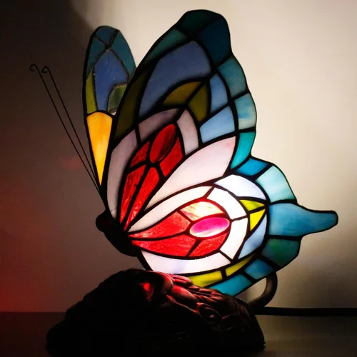 Miniatura 7 de Pequeña lámpara de mesa Tiffany de vidrio manchado Lámpara de escritorio de mariposa de 7X5X9.8 pulgadas Luz de acento antigua