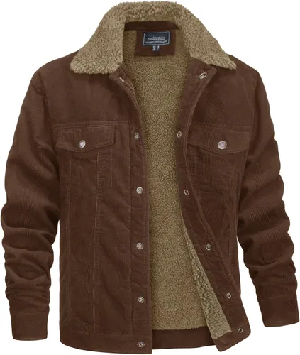 Miniatura 11 de MAGNIVIT Chaqueta de pana con forro polar para hombre, estilo cargo, de invierno, con botones de presión, solapa, forro sherpa, estilo camionero