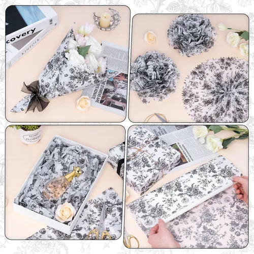 Miniatura 4 de Larcenciel Papel de seda negro, papel de seda floral vintage para bolsas de regalo, cajas, envoltura, manualidades, suministros de embalaje de arte