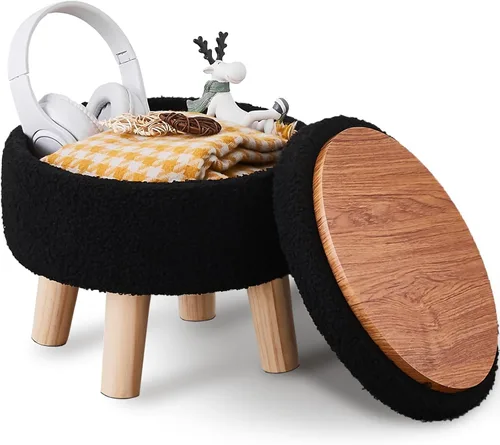 Wimarsbon Otomana de almacenamiento, moderno reposapiés redondo con asiento acolchado suave, reposapiés de terciopelo teddy con patas de madera,