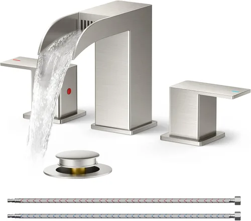 Miniatura 27 de FORIOUS Grifos cuadrados de baño de níquel cepillado y negro de 3 agujeros, cascada de 8 pulgadas, grifo de lavabo de baño con drenaje emergente