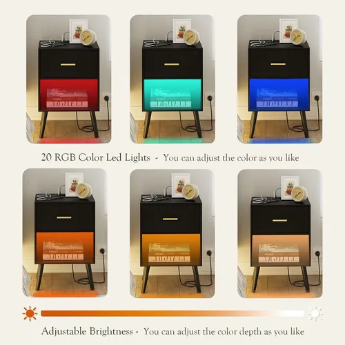 Miniatura 3 de Aienvey Mesita de noche con estación de carga y luces LED, mesa auxiliar pequeña, mesita de noche con cajón, mesita de noche moderna, mesa auxiliar