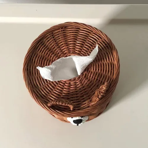 Miniatura 5 de Lindo oso tejido ratán cuadrado caja de pañuelos titular para cocina, baño, coche Soporte decorativo de mimbre recargable dispensador de Marrón