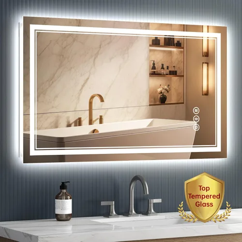 Miniatura 10 de Espejo de baño LED sin marco de 24 x 32 pulgadas, frontal y retroiluminado, vidrio templado inastillable, antivaho, 3 colores, regulable, memoria