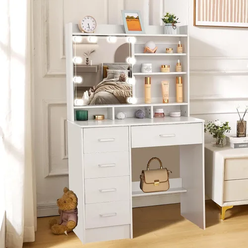 Miniatura 20 de Espejo de tocador con luces, escritorio y silla, 5 cajones y gabinete, mesa de maquillaje con espejo grande HD, 3 modos de iluminación, mesa