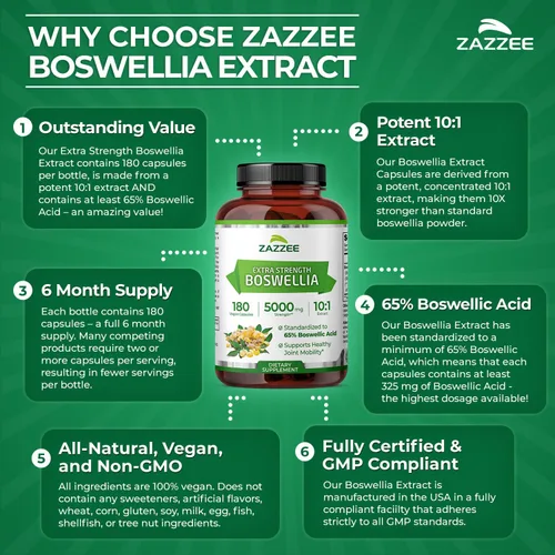Miniatura 6 de Zazzee Extracto de Boswellia Serrata 10:1 extra fuerte, 5000 mg de fuerza, 65% ácido boswélico, 180 cápsulas veganas, suministro de 6 meses