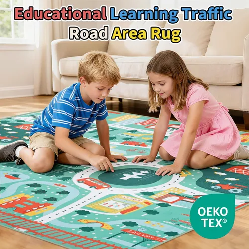 Miniatura 3 de Alfombra de juego educativa UKISS, 55"x55" alfombra de tráfico para niños, alfombra antideslizante y lavable para niños, alfombra para niños