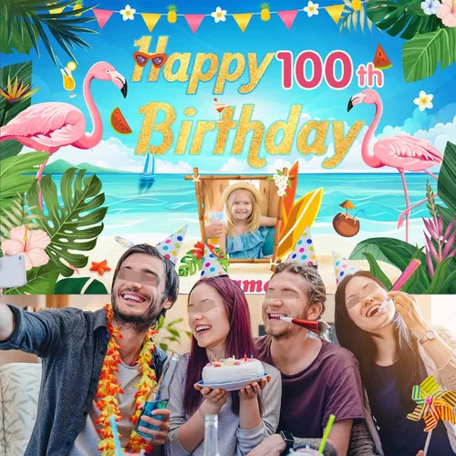 Miniatura 6 de Cartel de decoración de feliz cumpleaños número 100 personalizable con flamencos, playa, trópicos, Hawái y tema de verano, tamaños grandes