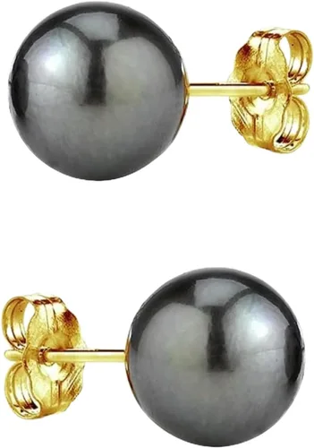 The Pearl Source Tahitian Pearl Stud Earrings for Women, Genuine Cultured Black Pearls in 14K White and Yellow Gold, Hypoallergenic Jewelry