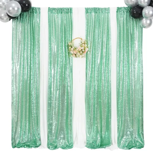 Miniatura 2 de Poise3EHome Cortina de telón de fondo de lentejuelas verde menta, 2 paneles, 2 x 8 pies, poliéster, para decoración de fiestas y bodas