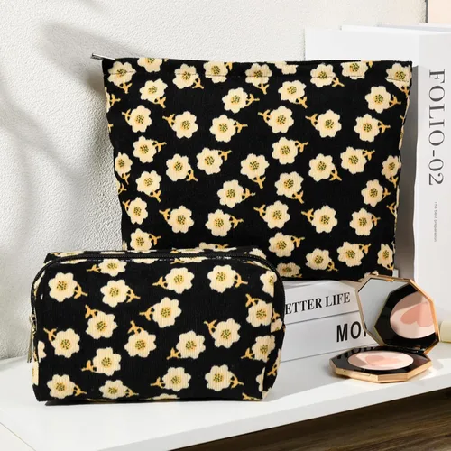 Miniatura 2 de SOIDRAM 2 Piezas Bolsa de Maquillaje con Flores, Bolsa de Cosméticos Grande de Capacidad, de Lona, Mezcla de Viaje, Organizador de Artículos de Flor
