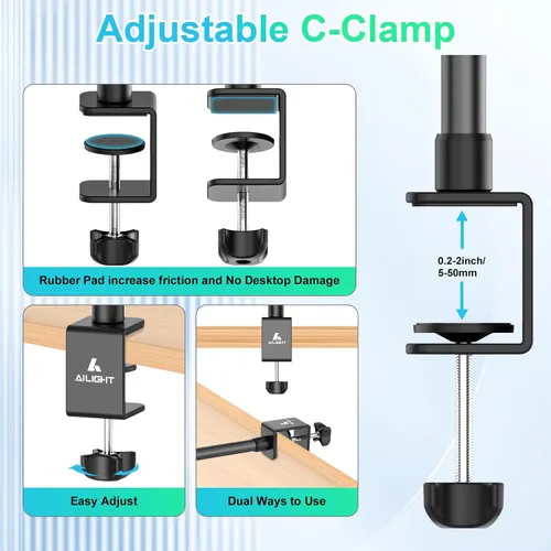 Miniatura 5 de Ailight Soporte para cámara web, soporte de cámara de mesa ajustable con tornillo de 1/4 pulgadas y abrazadera en C, trípode para cámara web