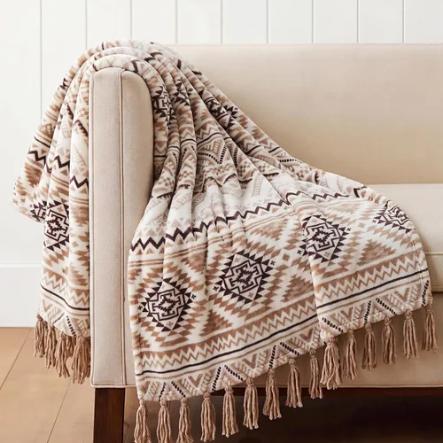 Miniatura 14 de CASAAGUSTO Manta bohemia – Manta decorativa verde y beige con borla, manta bohemia de franela impresa para silla, cama, sofá