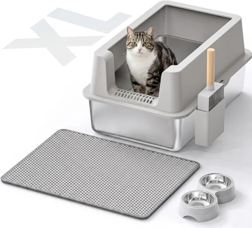 Caja de arena de acero inoxidable para gatos - Caja de arena XL de metal cerrada con tapa para gatos grandes, de lados altos, anti-fugas, fácil
