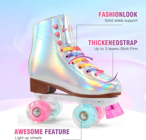 Miniatura 5 de LIKU Patines de cuatro ruedas para niñas y mujeres con todas las ruedas iluminadas, patines de cordones iluminados para interiores y exteriores