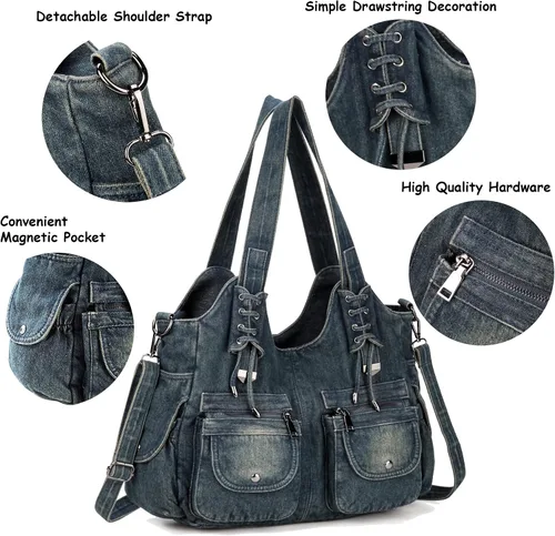 Miniatura 5 de Casual lavado Denim Hombro Bolsos Top Handle Señora Hobo Bolsas Mujeres Monederos y bolsos