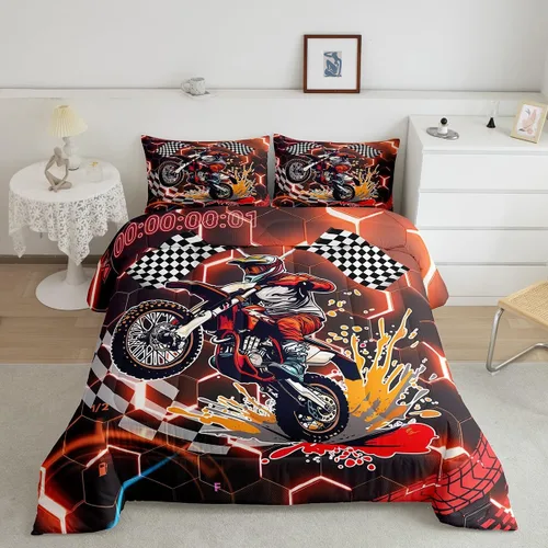 Miniatura 25 de Erosebridal Juego de edredón individual de motocicleta de carreras para niños, juego de ropa de cama de panal con luces de neón azules, motocross