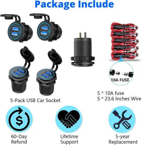 Miniatura 7 de Qidoe - Paquete de 5 salidas USB de carga rápida 3.0 de 12 V, impermeable, QC3.0, doble toma de corriente USB con interruptor táctil, enchufe