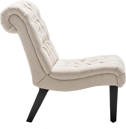 Miniatura 7 de Silla decorativa moderna para dormitorio, sala de estar, silla lateral tapizada con botones y sin brazos con patas de madera maciza, tela crema