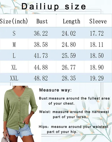 Miniatura 5 de Dailiup Camisetas de manga 34 con cuello en V para mujer, cárdigan con botones, estilo casual, color liso, camisetas básicas, blusas