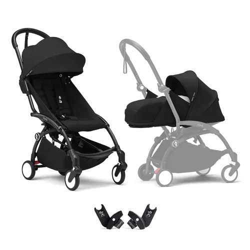 YOYO3 Cochecito de recién nacido a niño pequeño: incluye marco negro, paquete de 6 colores negro, paquete negro 0+ recién nacido y adaptadores de