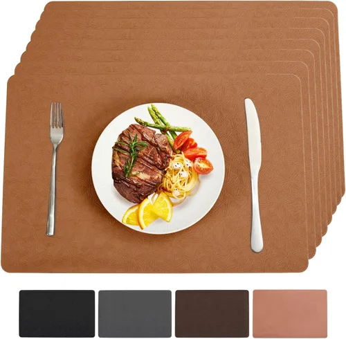 Miniatura 30 de Juego de 6 manteles individuales de vinilo, resistentes al calor, fáciles de limpiar, antideslizantes, para mesa de comedor, piel sintética, Negro