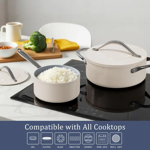Miniatura 3 de CookinCraze Cacerola de cerámica antiadherente de 3.5QT con tapa, olla de sopa de 8 pulgadas, distribución uniforme del calor, olla de cocina Azul