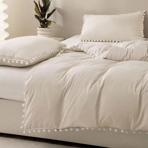 Miniatura 6 de Bedbay Juego de edredón bohemio color beige, edredón con pompones, decoración de habitación estética, bonito juego de ropa de cama con flecos