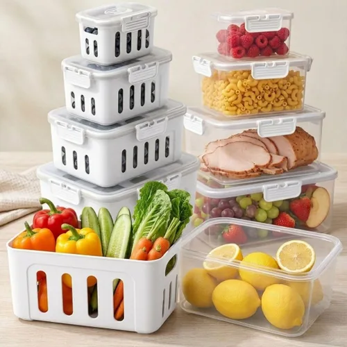 Miniatura 10 de Recipientes de frutas para refrigerador que se mantienen frescos, paquete de 5 recipientes de almacenamiento de productos sin BPA con colador Crema