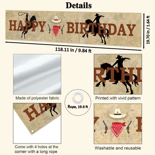Miniatura 2 de Labakita Cartel grande de feliz cumpleaños de vaquero occidental, decoraciones de fiesta temática occidental para niños y hombres
