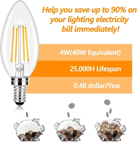 Miniatura 5 de Bombillas LED E12 para candelabros equivalentes a 40 vatios, bombillas de luz de vela vintage regulables de 4W, 470Lm luz blanca cálida 2700K 40 W