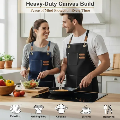 Miniatura 3 de Delantales de Lona de Trabajo para Hombres y Mujeres con 3 Bolsillos, Delantal de Alta Resistencia con Correa Cruzada para Cocina, Chef