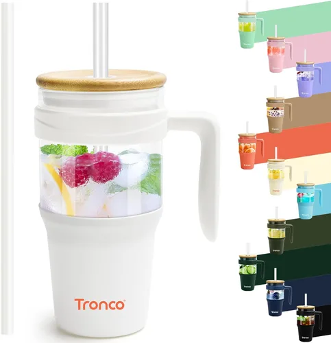 Miniatura 12 de Tronco Vaso de vidrio de 32 onzas con popote y tapa, tapa con popote 2 en 1 a prueba de fugas, botellas de agua de vidrio con asa, apto para Rosa