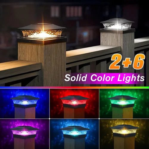 Miniatura 2 de APONUO - Luces solares para punta de poste con 8 colores RGB sólidos y flujo multicolor - Paquete de 4 luces solares para postes de 6x6, IP65