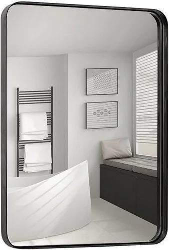 Miniatura 8 de Hamilton Hills - Espejo de pared de metal cepillado contemporáneo Panel de cristal negro enmarcado con esquina redondeada y diseño profundo