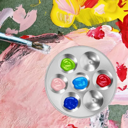 Miniatura 3 de NUOBESTY Bandeja redonda de pintura metálica de 6 pozos de aluminio para acuarela y modelo, mezcla de pintura portátil, suministros de arte