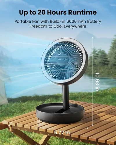 Miniatura 3 de Gaiatop Ventilador de escritorio pequeño plegable con luz nocturna LED, inalámbrico de 6000 mAh, ventilador portátil recargable por USB, para Negro
