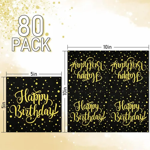 Miniatura 2 de JarThenaAMCS 80 servilletas de feliz cumpleaños, servilletas de cóctel con puntos negros y dorados, servilletas de papel desechables para fiestas