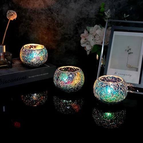 Miniatura 6 de OwnMy Juego de 3 portavelas de té de vidrio de mosaico azul, cuenco redondo, portavelas votivas, candelabros de mosaico de vidrio, candelitas