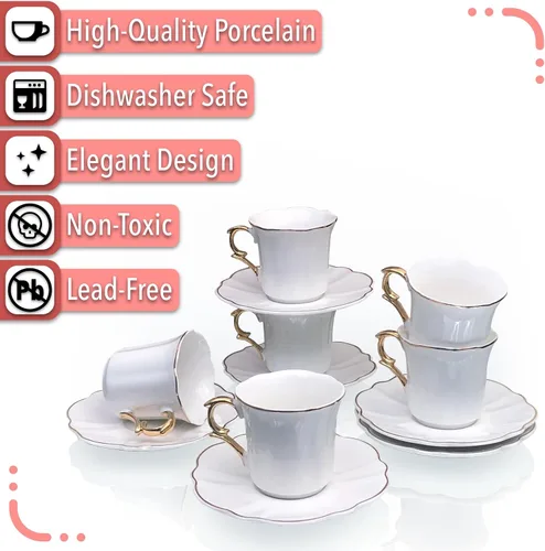 Miniatura 6 de Brew To A Tea Juego de 6 tazas de café turco de porcelana con platillos, color blanco con diseño de ribete dorado y caja de regalo, aptas