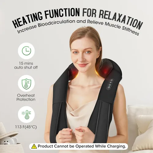 Miniatura 4 de Masajeador Shiatsu inalámbrico de cuello y hombros, masajeador de espalda con calor, masaje de tejido más profundo 4D para hombros, cuello y Negro