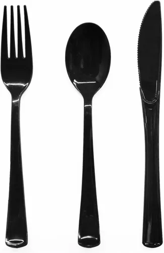 Paquete de 150 cubiertos de plástico negro que incluye 50 tenedores de plástico negro, 50 cuchillos, 50 cucharas para fiesta de graduación 2026,